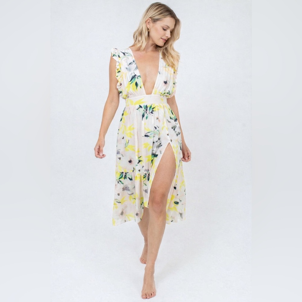 Stillwater Floral Midi Dress XS Flutter Sleeve Deep‎ V Neck Front Slit $195